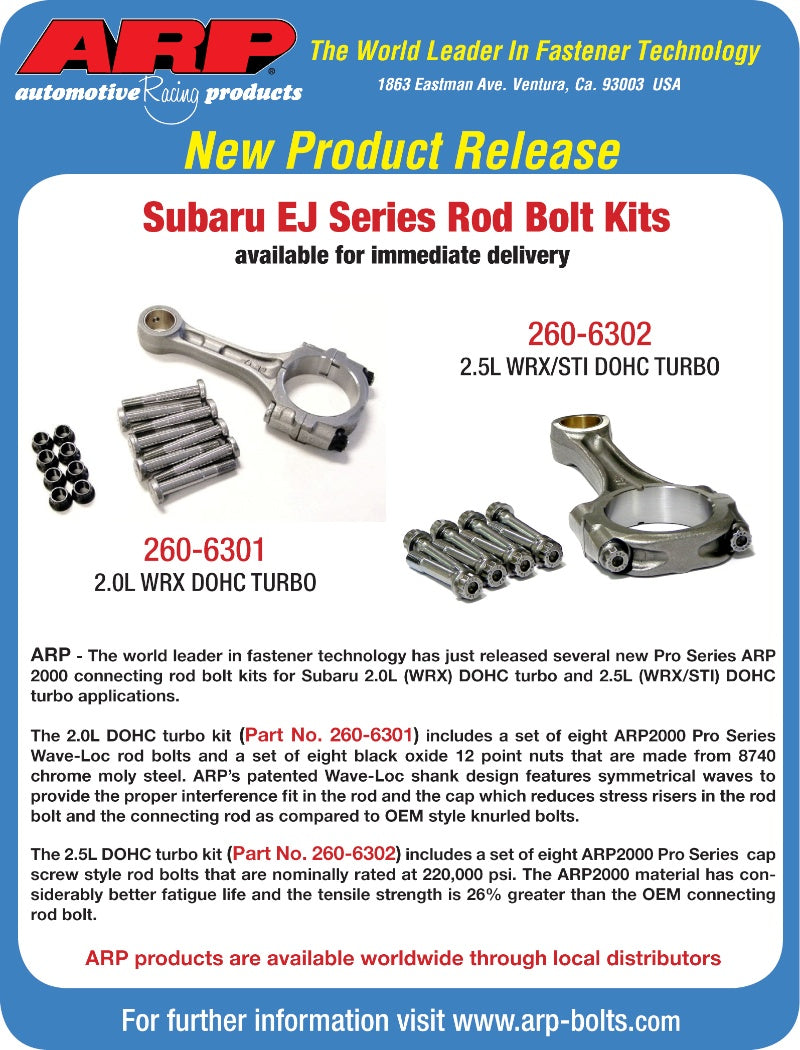 ARP 260-6301 Rod Bolt Kit for Subaru EJ18 1.8L & EJ22 2.2L SOHC. EJ25 2.5L. SOHC/DOHC. non-turbo & EJ20 2.0L DOHC turbo. press fit Photo-1