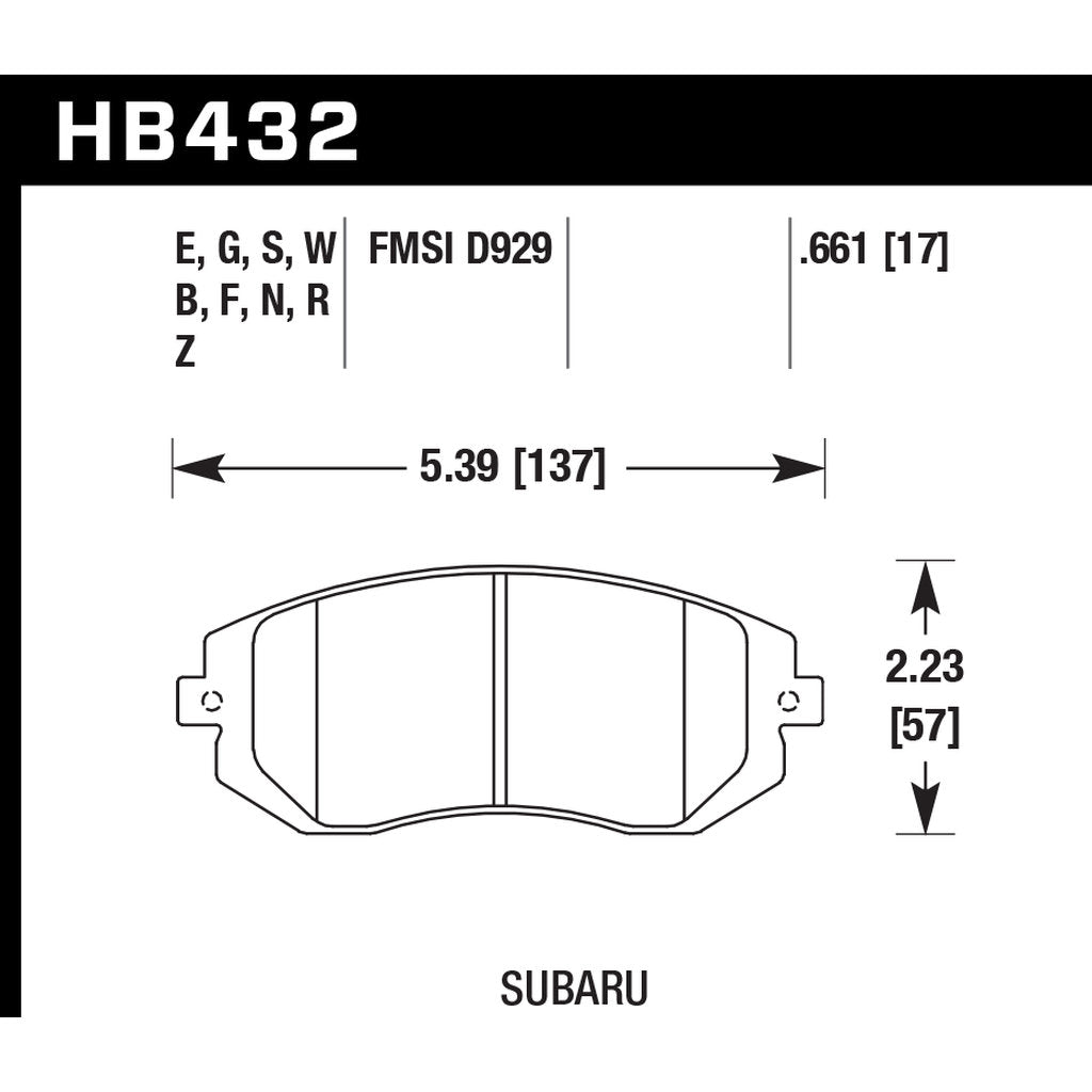 HAWK HB432N.661 Brake Pads HP Plus Front SUBARU Forester 02+/Impreza WRX 08+/TS/RS/Legacy/BRZ Photo-2