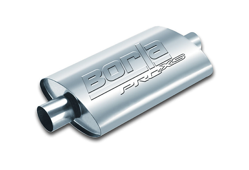 BORLA 400496 UNIVERSAL Performance Muffler, oval, silver ProXS, In / Out 2.5", Centre / Centre, dim. 14"x4"x9.5", Mounting clamp Photo-0
