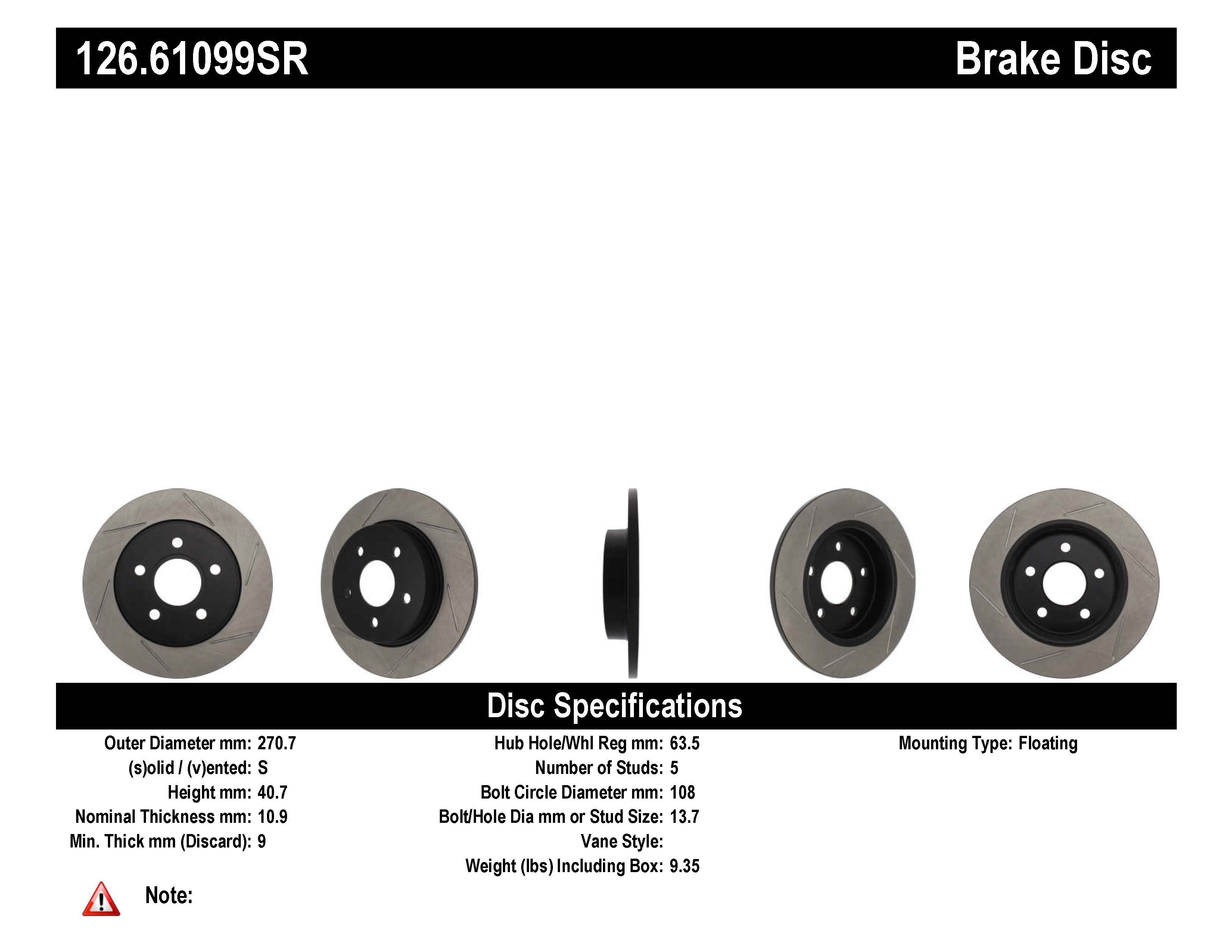 STOPTECH 126.61099SR Rear StopTech Sport Slotted Rotor Right FORD Focus 2012-2018 Photo-2