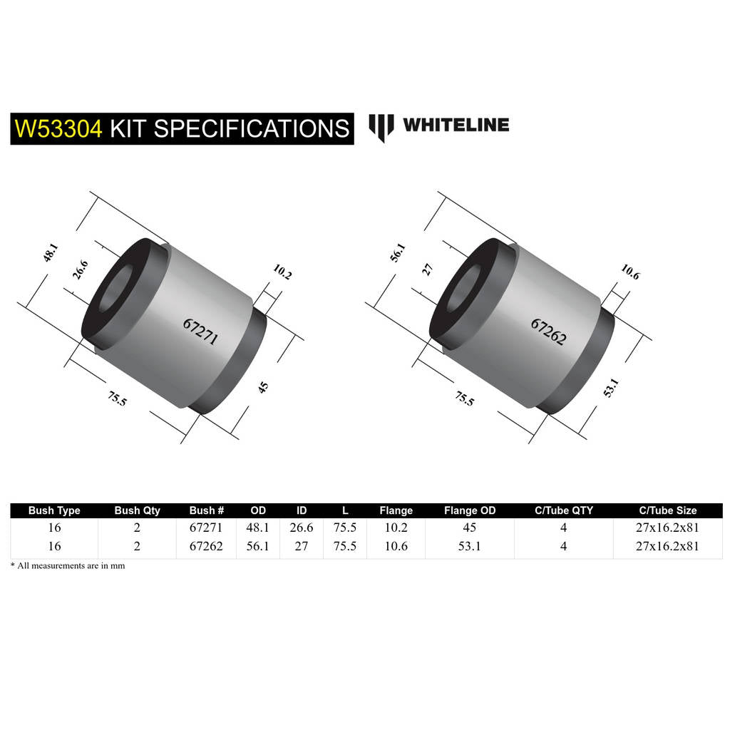 WHITELINE W53304 Front Lower Control Arm - Bushing Kit for Toyota HiLux 2005-on/Foton Tunland P201 2wd Photo-4