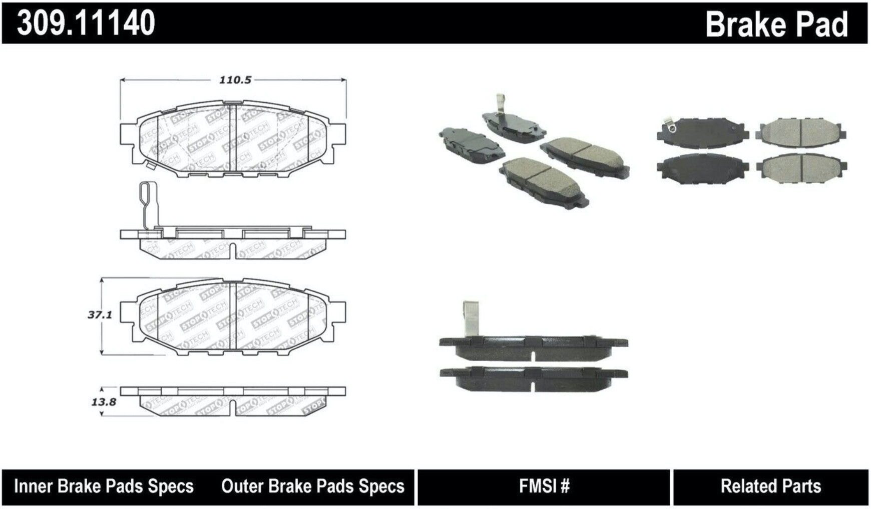 STOPTECH 309.11140 Rear Sport Brake Pads with Shims & Hardware SCION/SUBARU BRZ/Crosstrek/Forester/FR-S 2005-2019 Photo-1