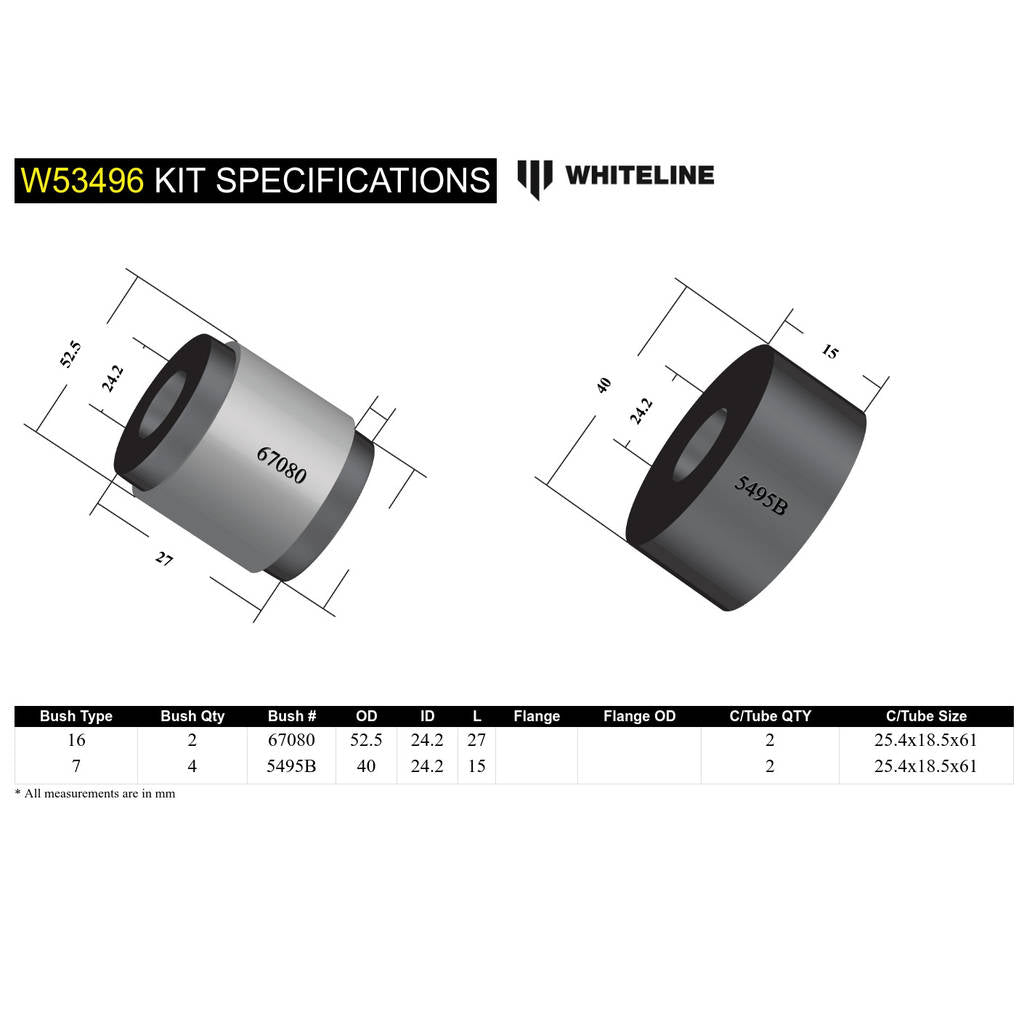WHITELINE W53496 Front Lower Control Arm - Inner Rear Bushing Kit for Toyota Corolla AE101/Holden Nova LG Photo-4