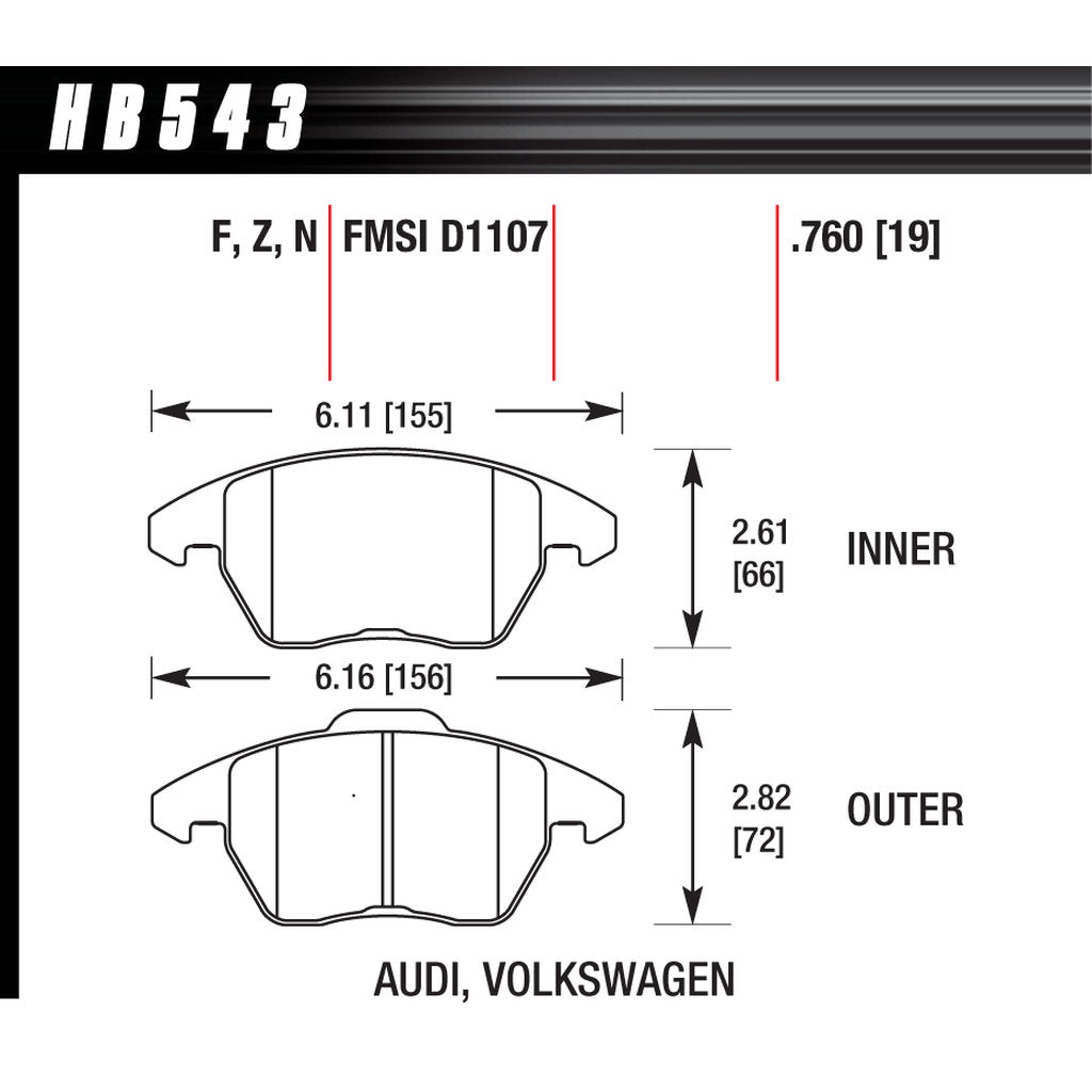 HAWK HB543Z.760 Brake Pads Perf. Ceramic Front VW Golf GTI 2.0 2006-07/AUDI A3 8P/Quattro/TT 8J 2.0T Photo-2