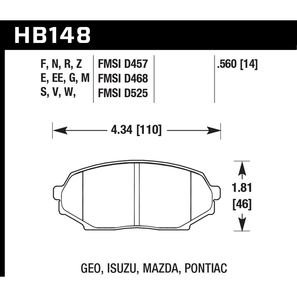 HAWK HB148G.560 Brake Pads DTC-60 (14 mm) Front MAZDA Miata MX-5 1600 (FMSI D525) Photo-2
