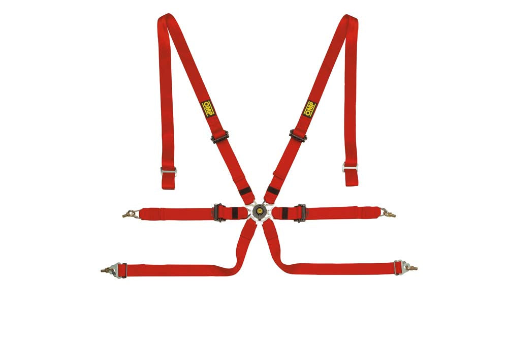 OMP DA0-0202-A01-061 (DA0202HSL061) Safety harness Saloon Pull Down, 6 point, 2", alum adjusters, FIA 8853-2016, red Photo-0