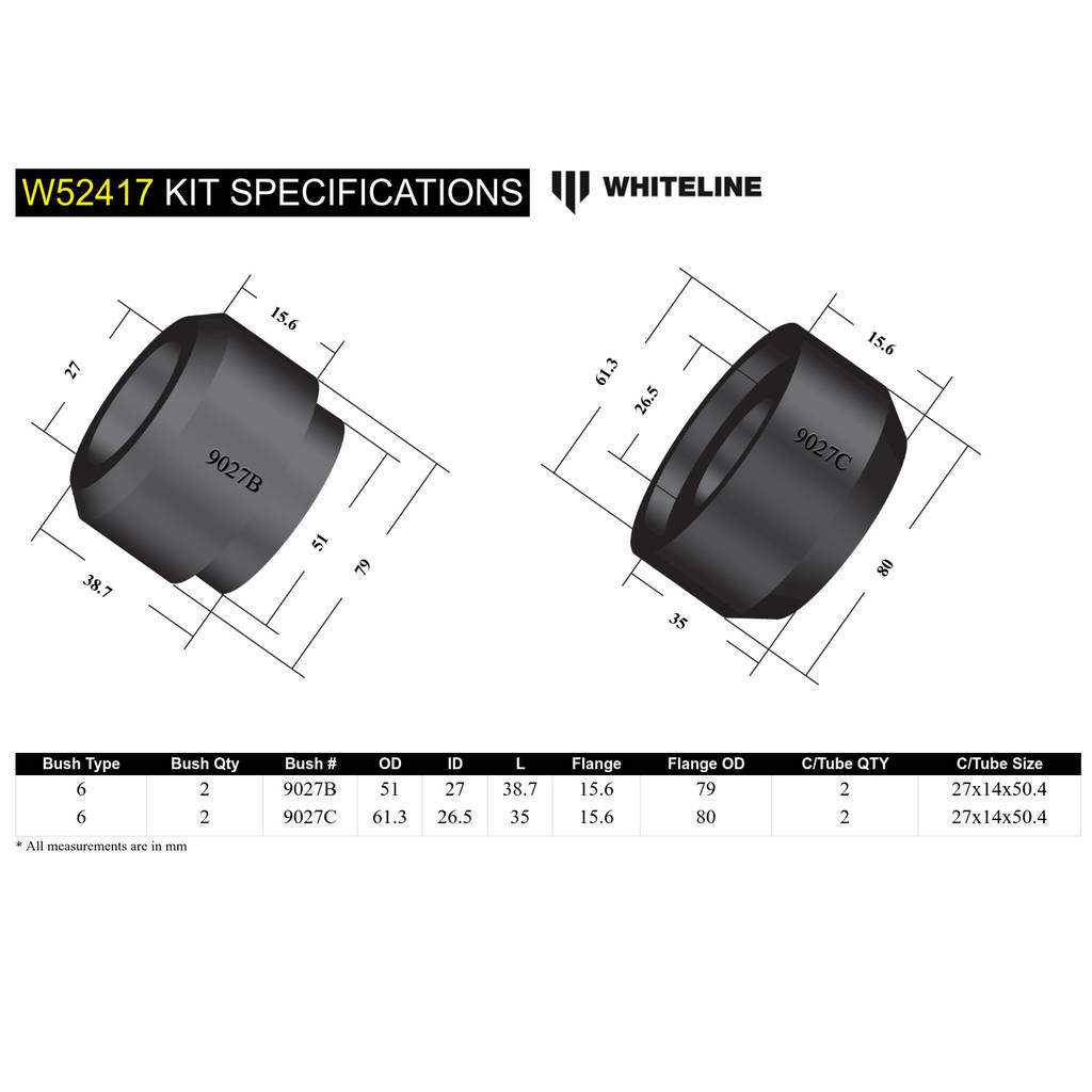 WHITELINE W52417 Front Lower Control Arm - Inner Rear Bushing Double Offset Kit for Toyota Camry, Avalon/Holden Apollo Photo-4