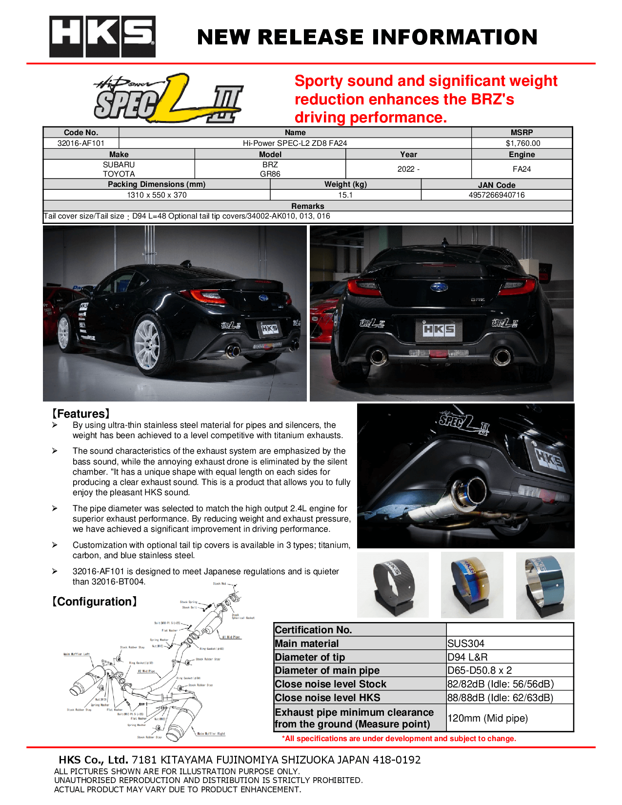 HKS 32016-AF101 Exhaust system Hi-Power SPEC-L2 for Subaru BRZ ZD8 FA24 Photo-1