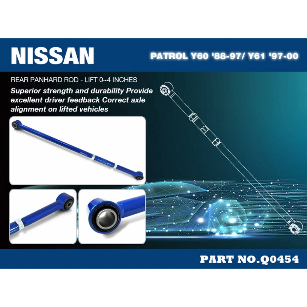 HARDRACE Q0454 NISSAN PATROL Y60 '88-97/Y61 SERIES 1 '97-00 REAR PANHARD ROD - LIFT 0~4 INCHES (HARDEN RUBBER) - 1PCS/SET Photo-1