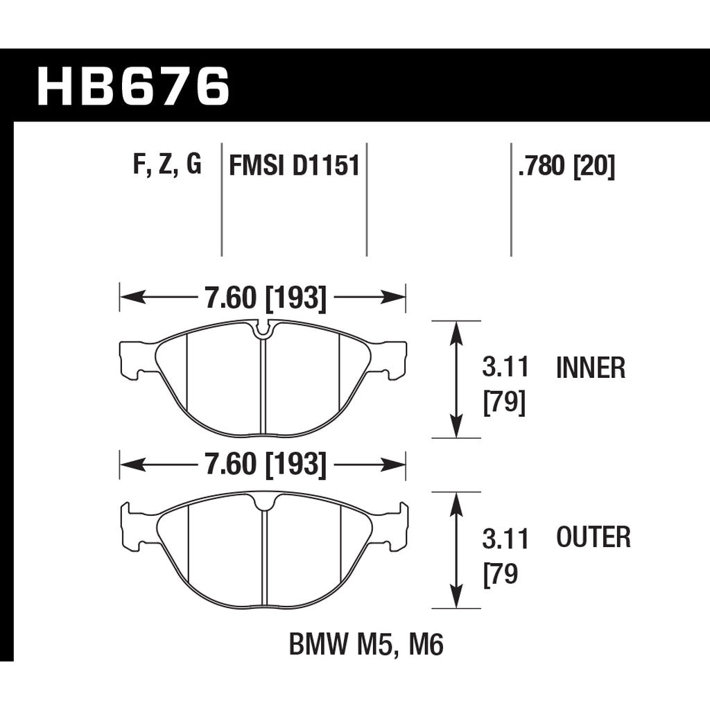 HAWK HB676B.780 Brake Pads Street HPS 5.0 Front BMW M5/M6 2006-2009 Photo-2