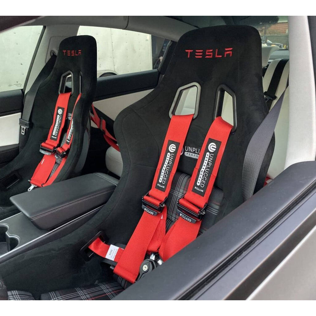 UNPLUGGED PERFORMANCE UP-MU-002-1.1 Racing Harness 4 Point, Red, Left for TESLA Model 3 / Model Y Photo-1