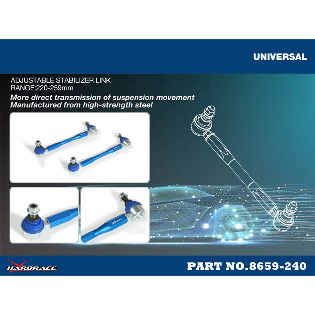 HARDRACE 8659-240 UNIVERSAL ADJ. STABILIZER LINK 2PCS/SET RANGE:220-259MM 10MM STUD ROD END Photo-1