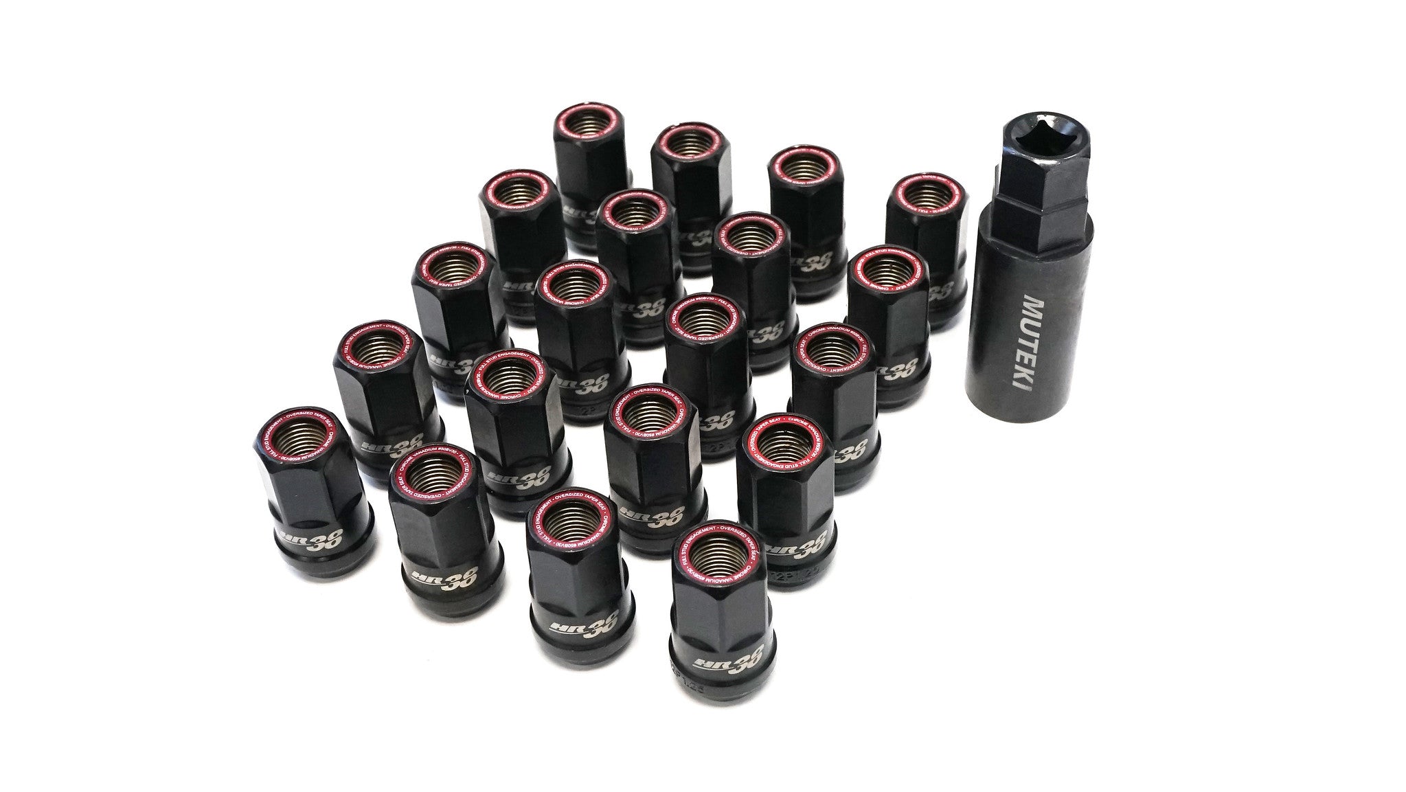MUTEKI HR3805BR Lug nuts kit HR38 12X1.25 38mm Black Chrome/Red Ring (Open End) Photo-0