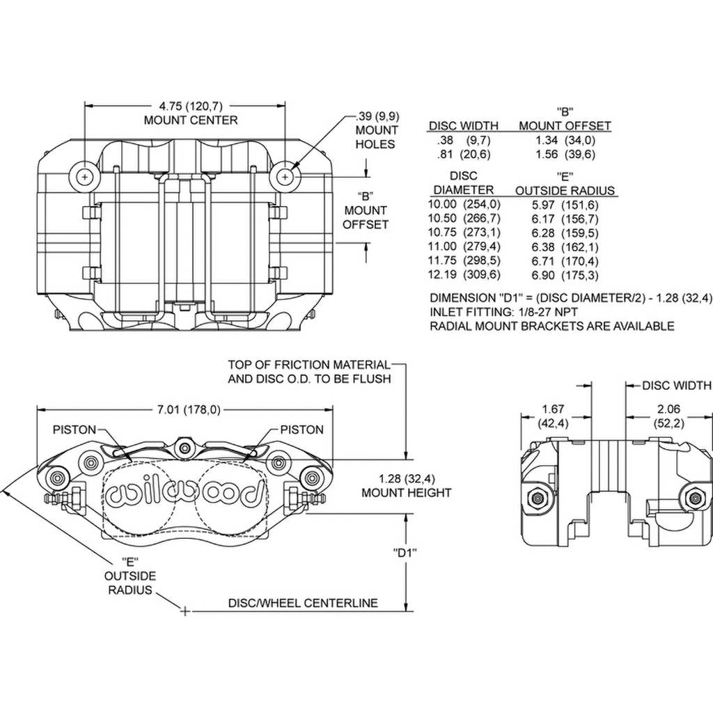 WILWOOD 120-10000-RD Caliper,Ndpr,1.75,.810 Rotor,4.75 Mt W/Bridge Bolt,Red Photo-1