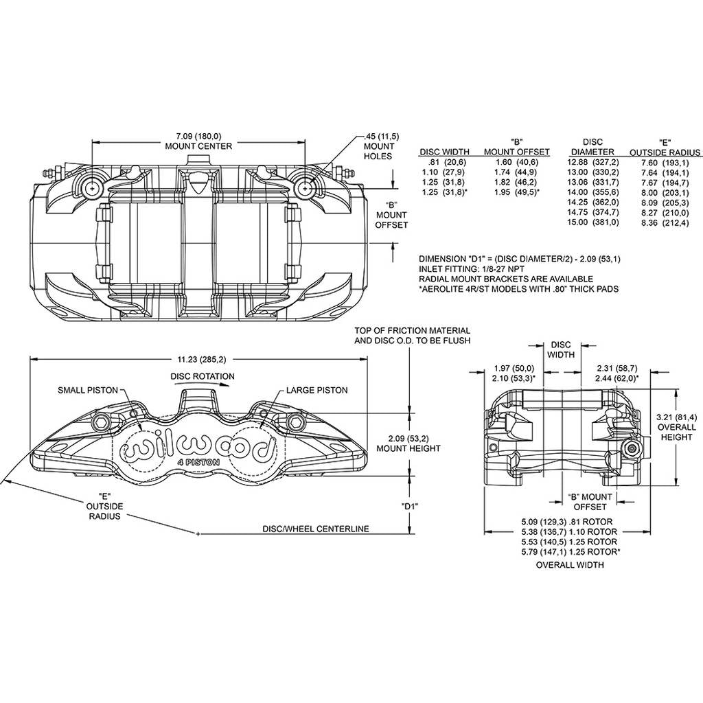 WILWOOD 120-15598 Caliper,Aero4-Ds,1.38,1.10 Rotor Dust Seal,Ano Photo-1