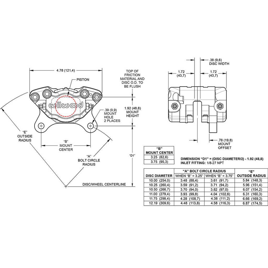 WILWOOD 120-9690-BK Caliper,Dps,1.38,.38 Rotor,3.75 Mt,Black Photo-1