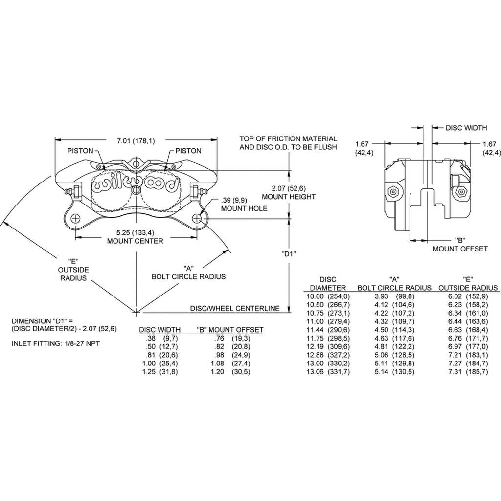 WILWOOD 120-14182 Caliper,Dp,1.38,.38 Rotor,Ano W/Bridge Bolt Photo-1