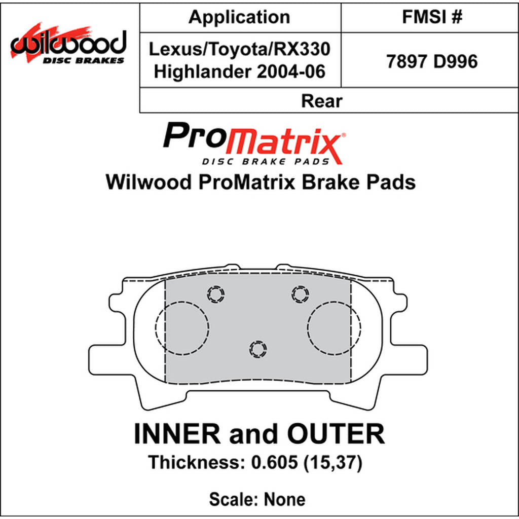 WILWOOD 150-D0996K Pad,D0996pm,.605,Axle Set Photo-0