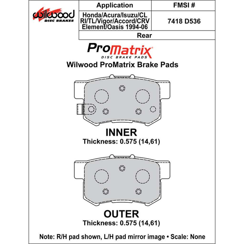 WILWOOD 150-D0536K Pad,D0536pm,.575,Axle Set Photo-0