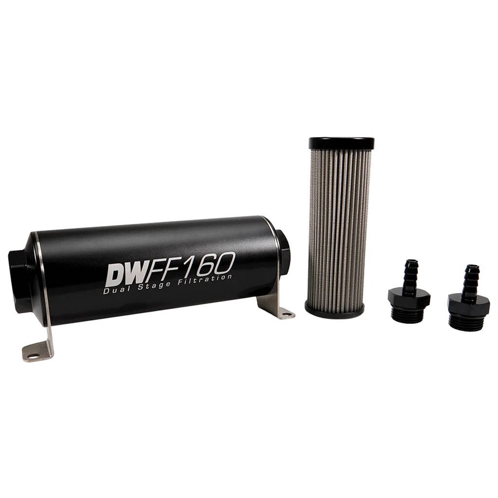 DEATSCHWERKS 8-03-160-100K-516 In-line fuel filter element and housing kit, stainless steel 100 micron, 5/16in hose barb, 160mm. Universal Photo-0