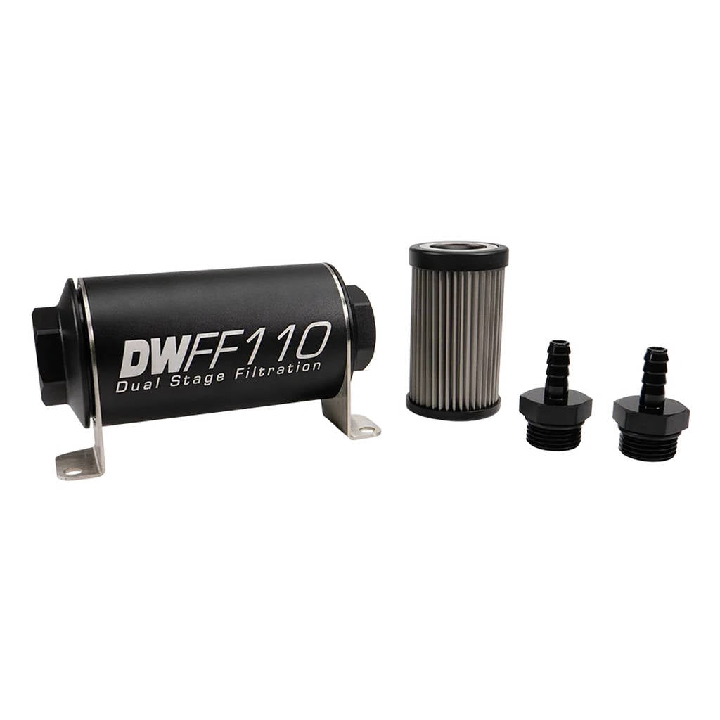 DEATSCHWERKS 8-03-110-010K-516 In-line fuel filter element and housing kit, stainless steel 10 micron, 5/16in hose barb, 110mm. Universal Photo-0