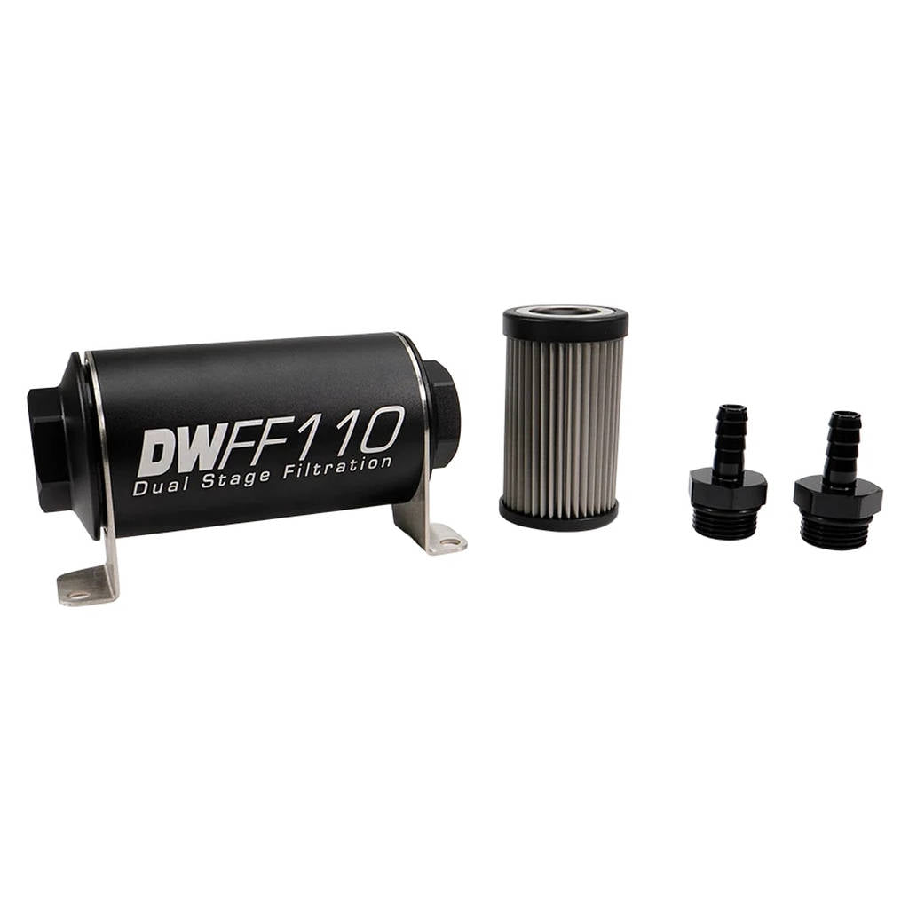 DEATSCHWERKS 8-03-110-005K-38 In-line fuel filter element and housing kit, stainless steel 5 micron, 3/8in hose barb, 110mm. Universal Photo-0
