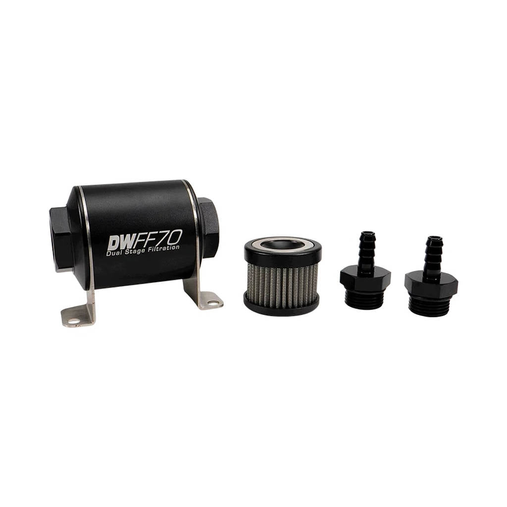 DEATSCHWERKS 8-03-070-040K-516 In-line fuel filter element and housing kit, stainless steel 40 micron, 5/16in hose barb, 70mm. Universal Photo-0
