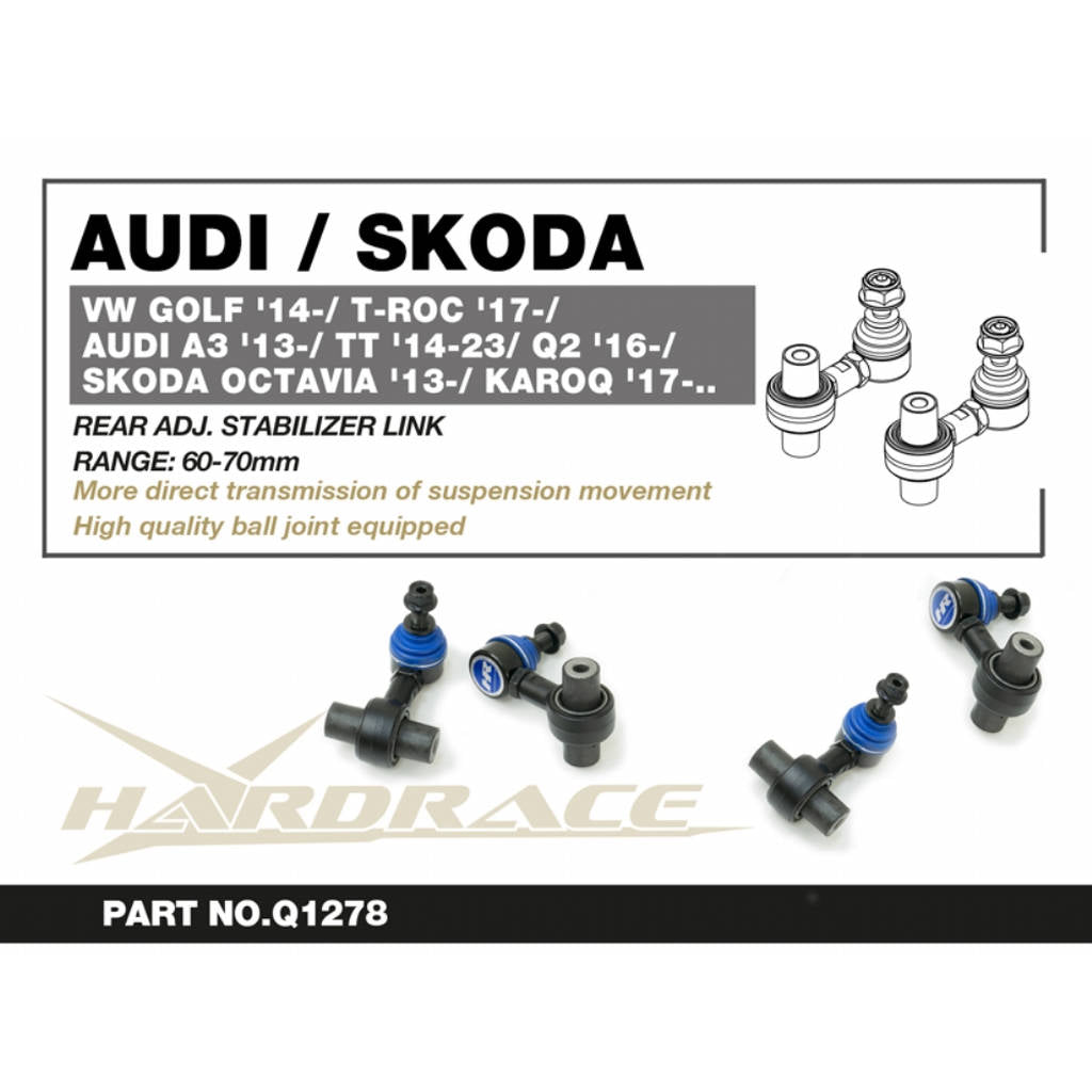 HARDRACE Q1278 Rear adj. Stabilizer link (harden rubber) (Range: 60-70mm) - 2pcs/set for VW (GOLF 2014+ / T-ROC 2017+ / TIGUAN 2016+ / TOURAN 2015+ / PASSAT 2014+ / ARTEON 2017-23) / AUDI (A3 2013+ / TT 2014-2023 / Q2 2016+ / Q3 2018+) / SKODA (OCTAV Photo-1