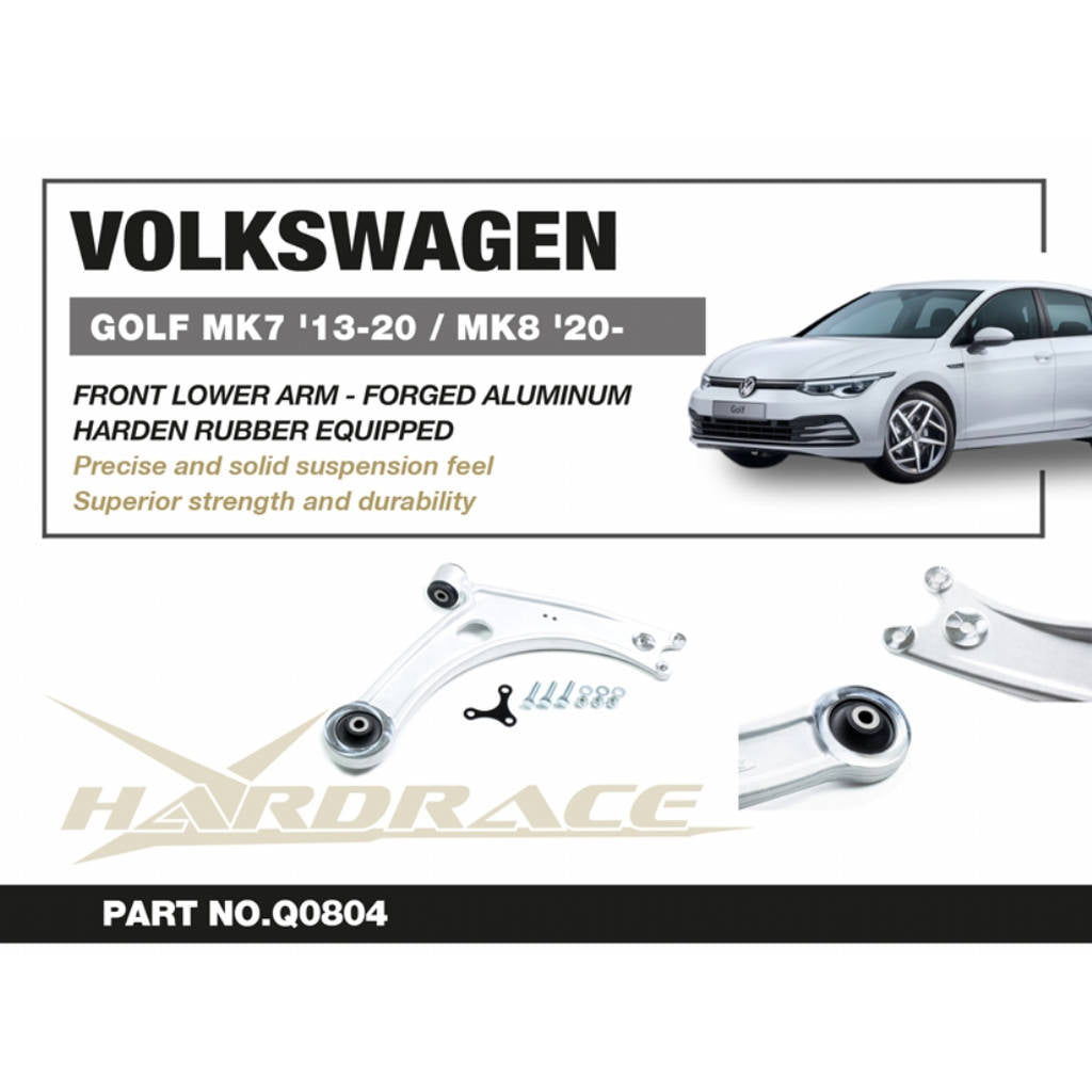 HARDRACE Q0804 Front Lower Control Arm - FORGED ALUMINUM (Harden Rubber) - 2PCS / SET for VW GOLF '12-20- / T-ROC '17- / AUDI A3 '12-20- / Q2 '16- / SKODA OCTAVIA '12-21 Photo-1