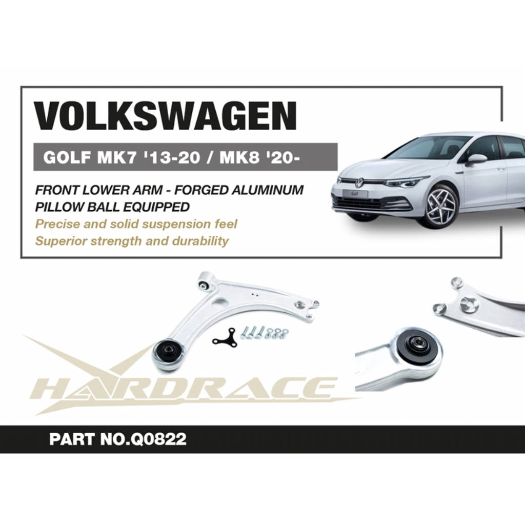 HARDRACE Q0822 Front Lower Control Arm - FORGED ALUMINUM (Pillow Ball) - 2PCS / SET for VW GOLF '12-20- / T-ROC '17- / AUDI A3 '12-20- / Q2 '16- / SKODA OCTAVIA '12-21 Photo-1