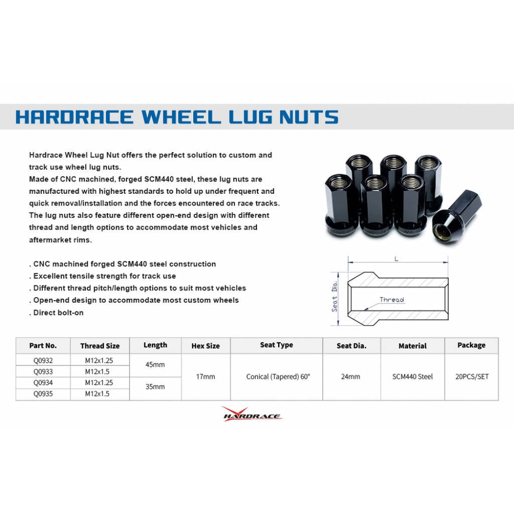 HARDRACE Q0933 Wheel lug nuts - M12 x 1.5, LENGTH: 45mm OPEN-END TYPE, 60° CONICAL SEAT 20PCS / SET Photo-1