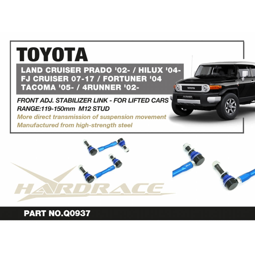 HARDRACE Q0937 Front Adjustable Stabilizer LINK - for LIFTED CARS 2PCS / SET RANGE: 119-150mm M12 STUD for TOYOTA TACOMA '05- / 4RUNNER '02-LAND CRUISER PRADO '02- / FJ CRUISER 07-17 / HILUX '04- / FORTUNER '04- / LEXUS GX '02-09 Photo-1