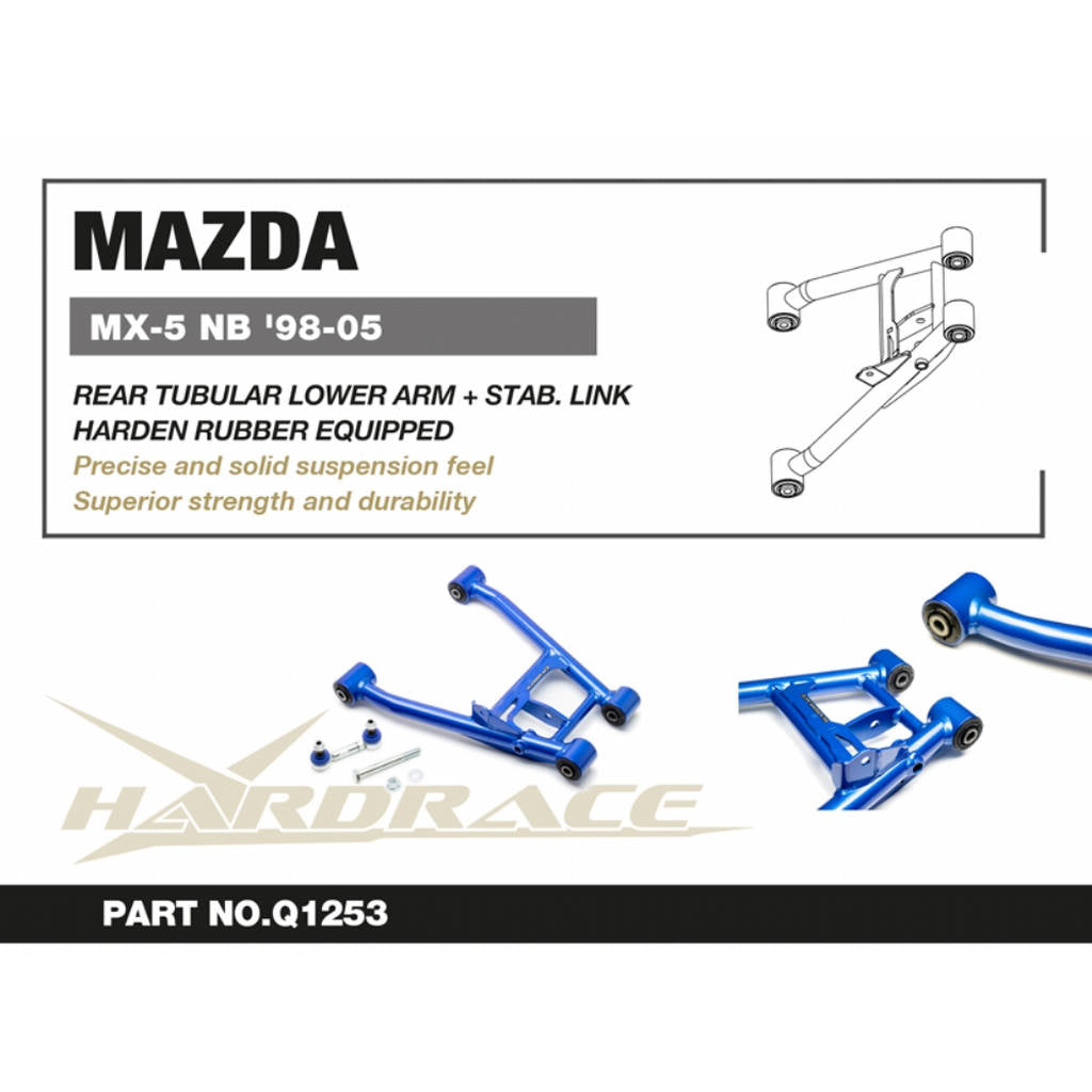 HARDRACE Q1253 Rear tubular lower arm + stab. Link (harden rubber) - 4pcs / set for MAZDA Miata / MX-5 1998-2005 Photo-1