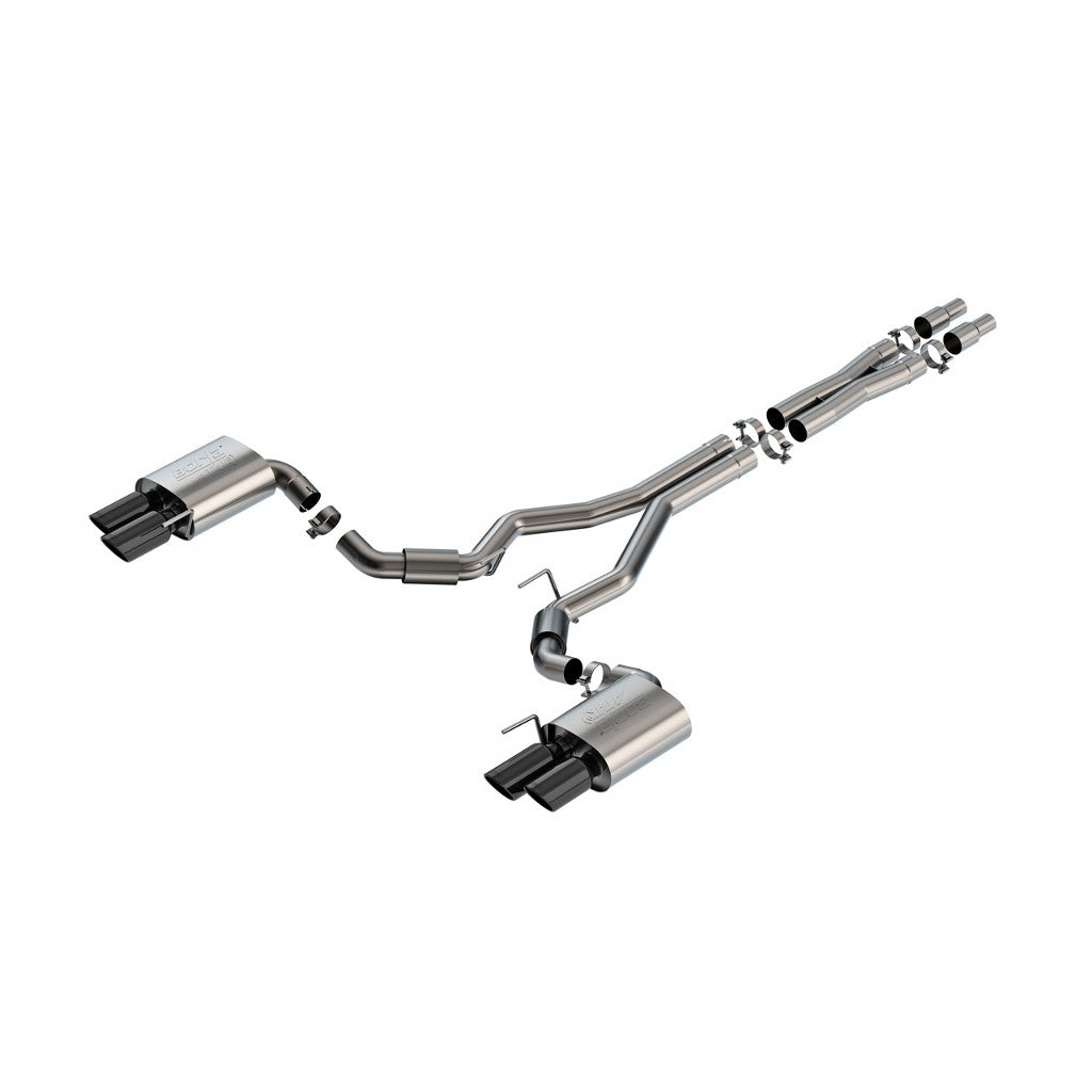 BORLA 140970BC Exhaust system Cat-Back ATAK 3" D RD RL AC BC SR Tip: 4" RD X 9.50" & 4" RD X 9.00" Black chrome Quad tip (Non-active exhaust) for FORD Mustang GT 5.0L V8 2024 Photo-0