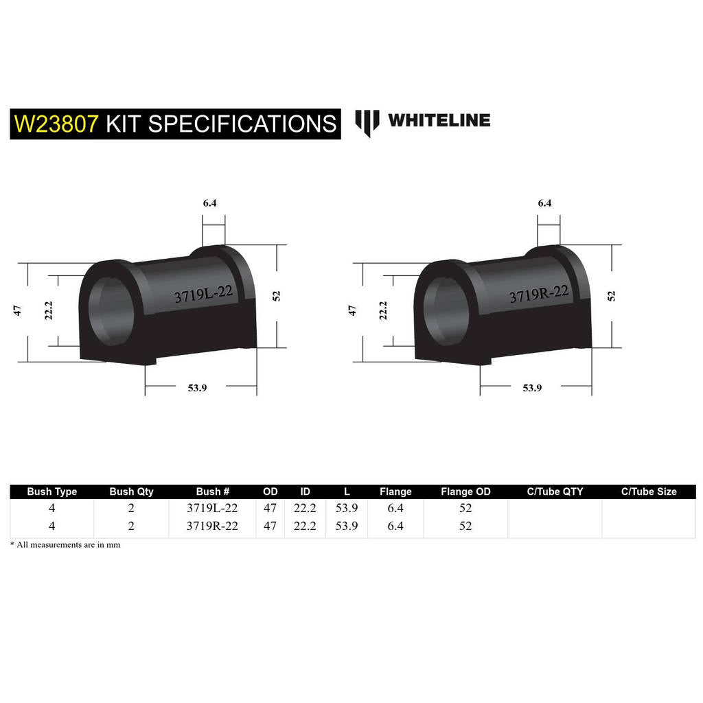WHITELINE W23807 Sway Bar Mount - Bushing Kit 22.2mm Photo-5