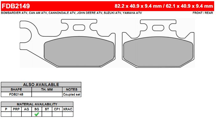 FERODO FDB2149SG Brake pads Bombardier ATV, CAN AM ATV, SUZUKI ATV, YAMAHA ATV Photo-0