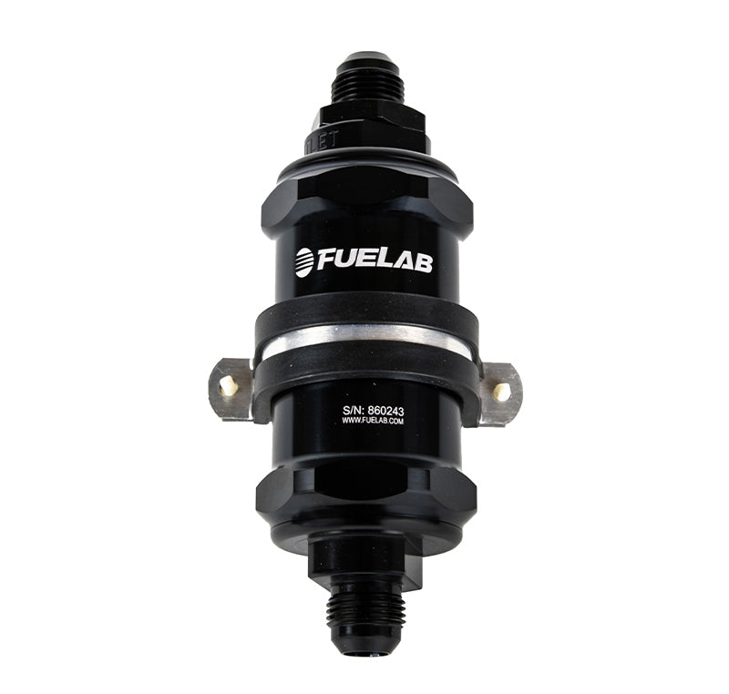 FUELAB 84832-1 In-Line Fuel Filter With Check Valve (8AN in/out, 3 inch 6 micron fiberglass element) Black Photo-0