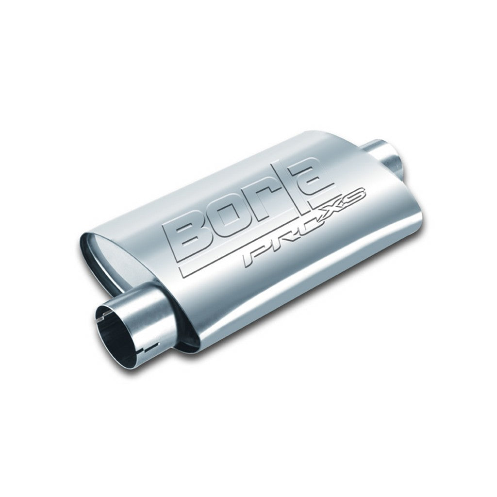 BORLA 400477 UNIVERSAL Performance Muffler, oval, silver ProXS, In / Out 2.25", Central / Offset, dim. 14"x4"x9.5", Mounting clamp Photo-0