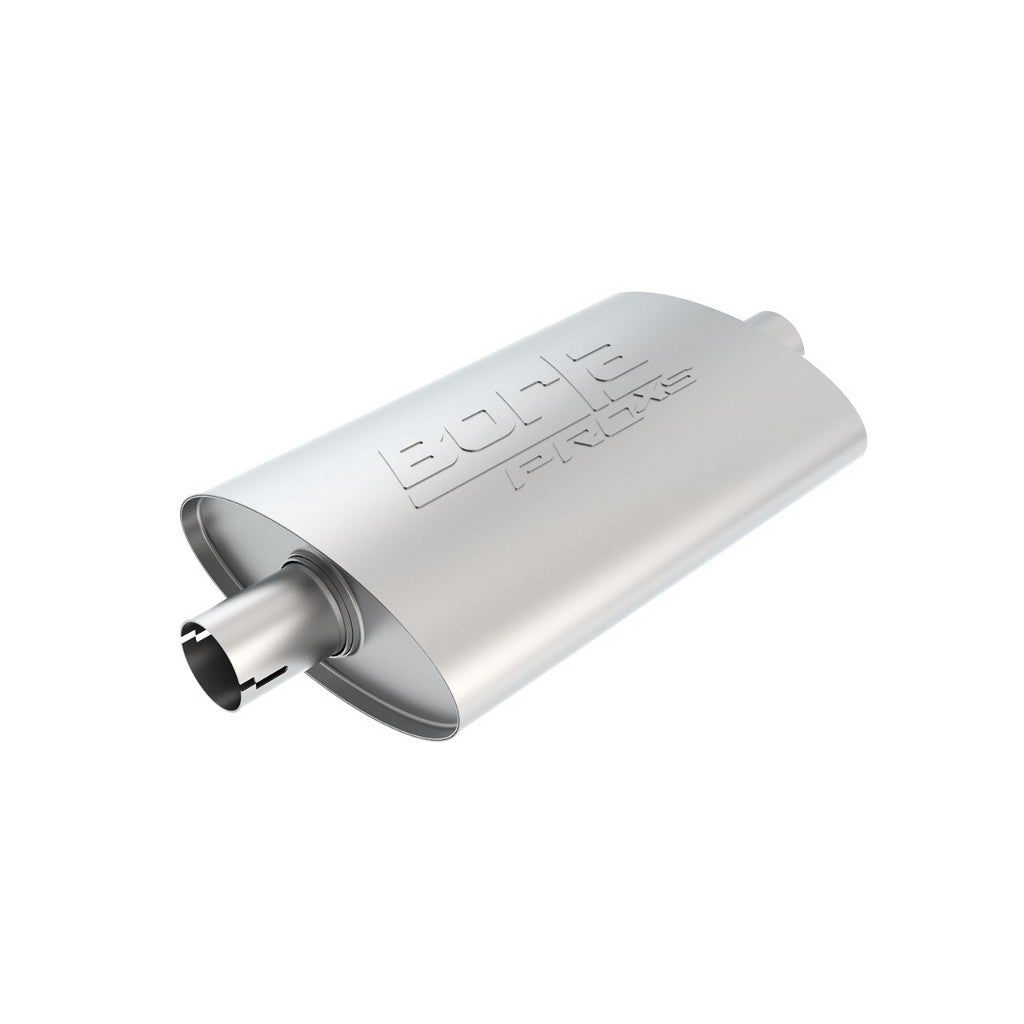 BORLA 400494 UNIVERSAL Performance Muffler, oval, silver ProXS, In / Out 2", Centre / Centre, dim. 14"x4"x9.5", Mounting clamp Photo-0