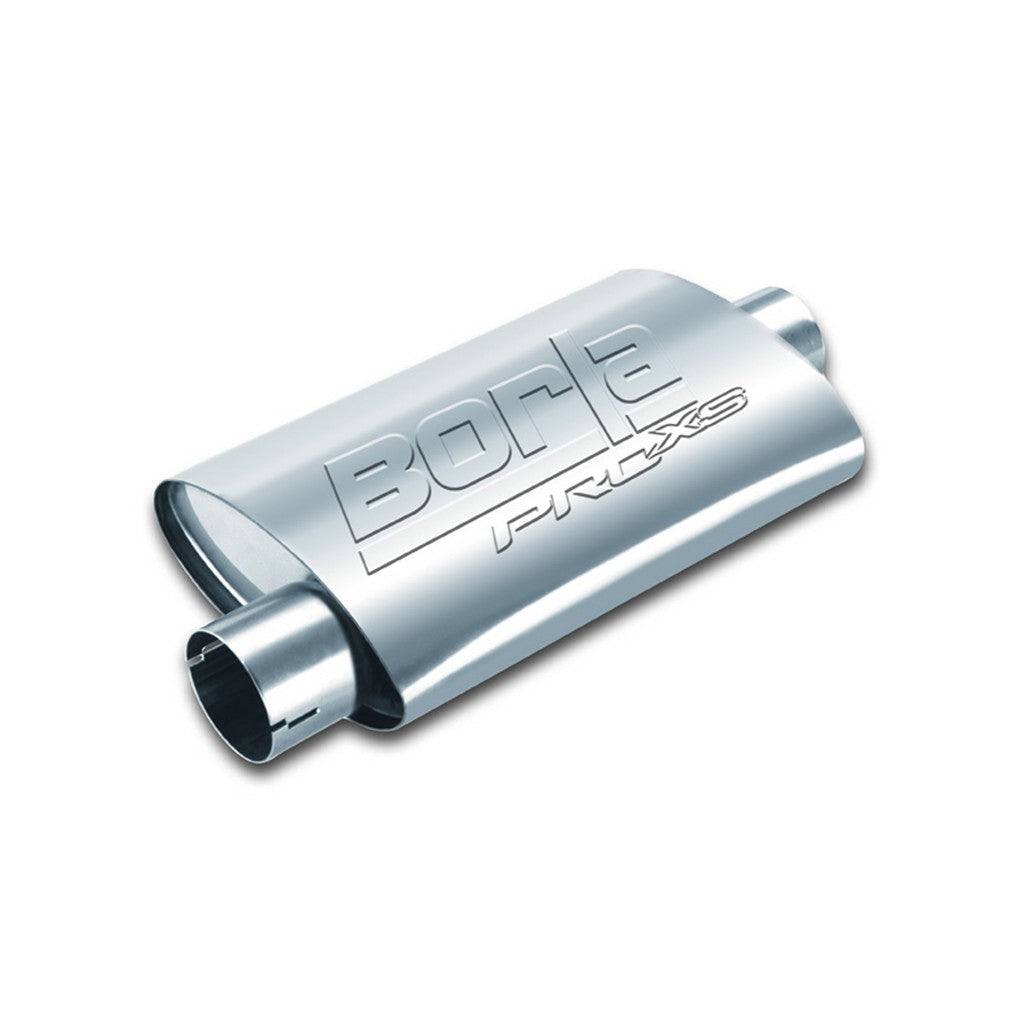 BORLA 400478 UNIVERSAL Performance Muffler, oval, silver ProXS, In / Out 2.5", Central / Offset, dim. 14"x4"x9.5", Mounting clamp Photo-0