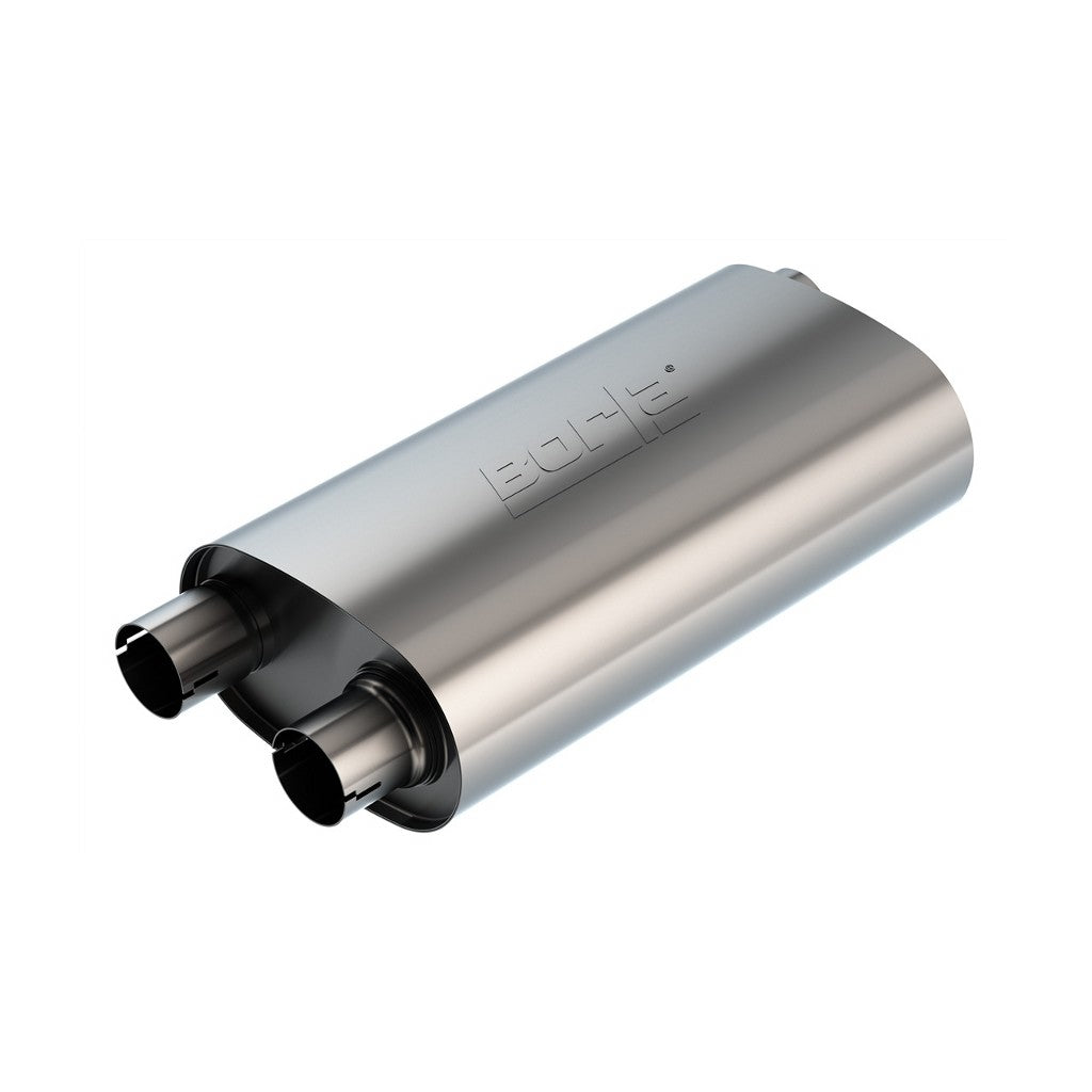 BORLA 400498 UNIVERSAL Performance Muffler, oval, silver Transverse Flow, In 3" / Out 2x2.5", dim. 19"x5.5"x10.25", Mounting clamp Photo-0