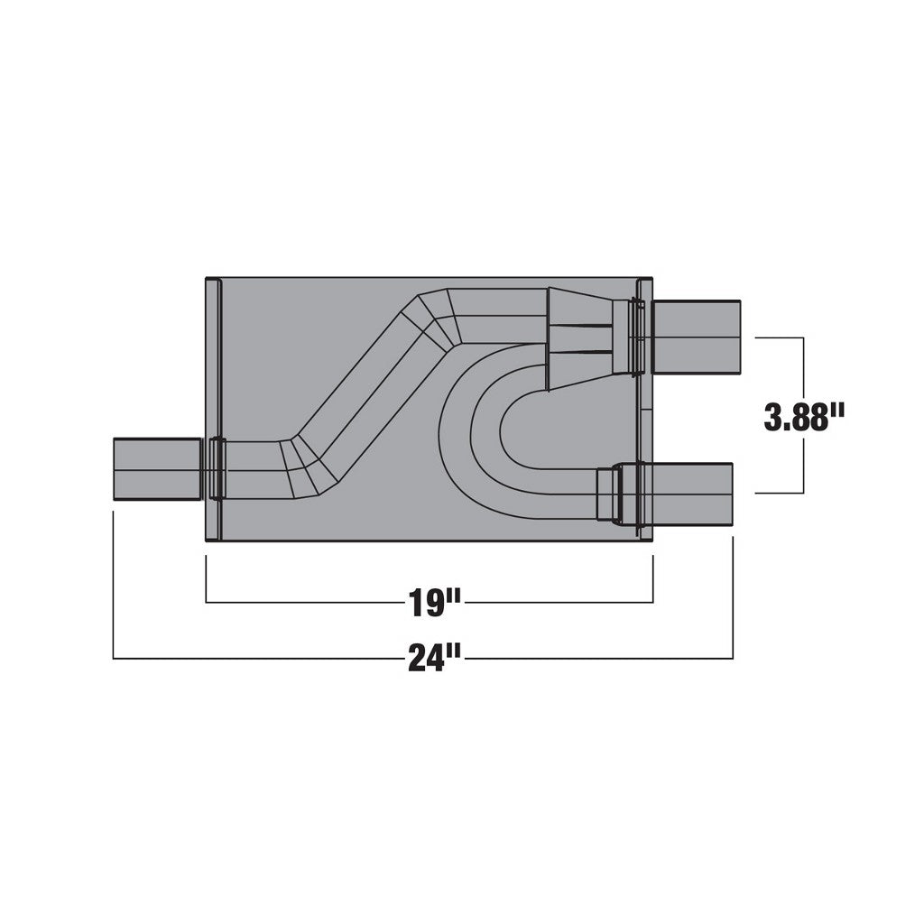 BORLA 400498 UNIVERSAL Performance Muffler, oval, silver Transverse Flow, In 3" / Out 2x2.5", dim. 19"x5.5"x10.25", Mounting clamp Photo-2