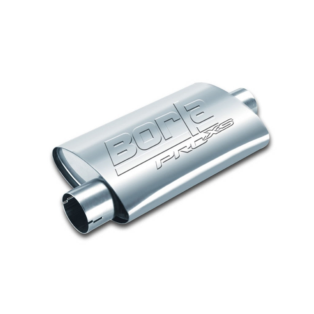 BORLA 400476 UNIVERSAL Performance Muffler, oval, silver ProXS, In / Out 2", Central / Offset, dim. 14"x4"x9.5", Mounting clamp Photo-0