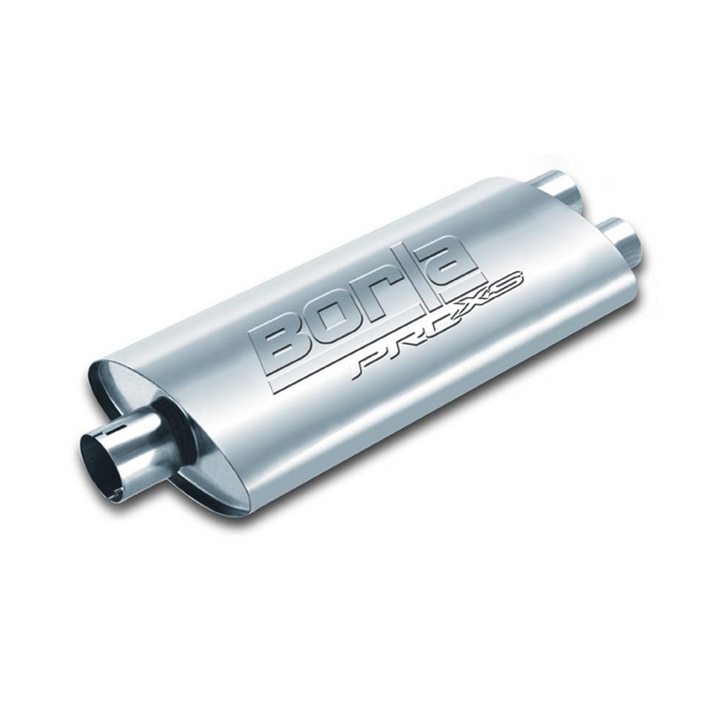 BORLA 400487 UNIVERSAL Performance Muffler, oval, silver ProXS, In 3" / Out 2x2.25", Centre / dual, dim. 19"x4"x9.5", Mounting clamp Photo-0