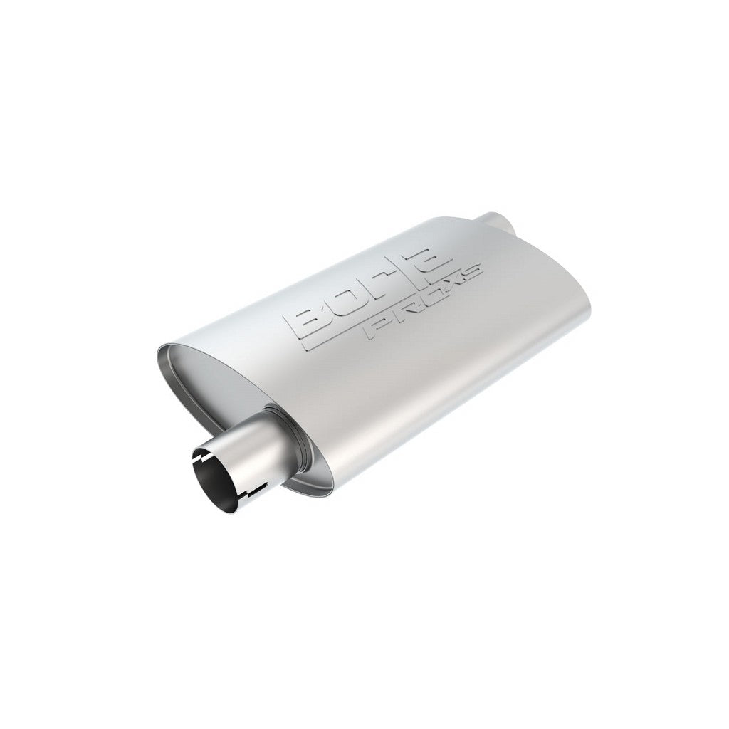 BORLA 400489 UNIVERSAL Performance Muffler, oval, silver ProXS, In / Out 2.25", Offset, dim. 14"x4"x9.5", Mounting clamp Photo-0