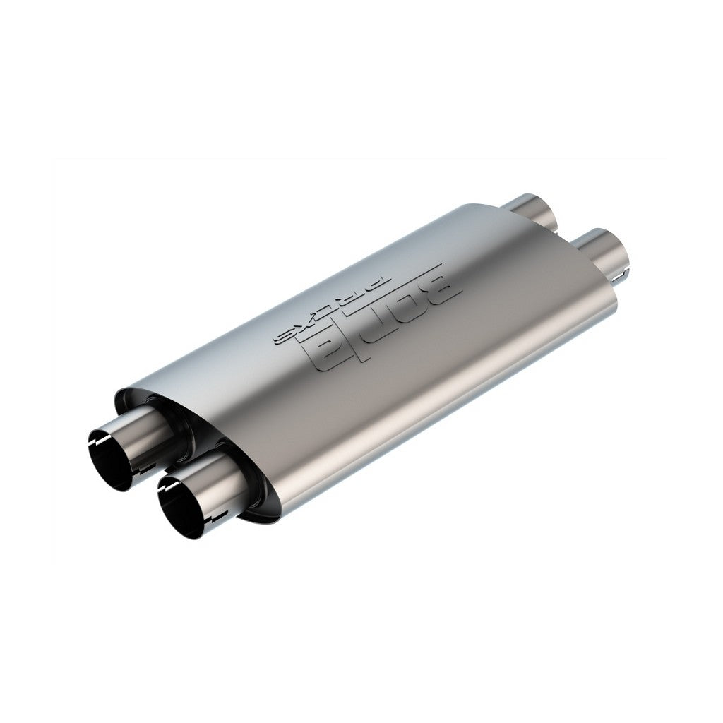 BORLA 400493 UNIVERSAL Performance Muffler, oval, silver ProXS, dual In / Out 2.25", dim. 19"x4"x9.5", Mounting clamp Photo-0