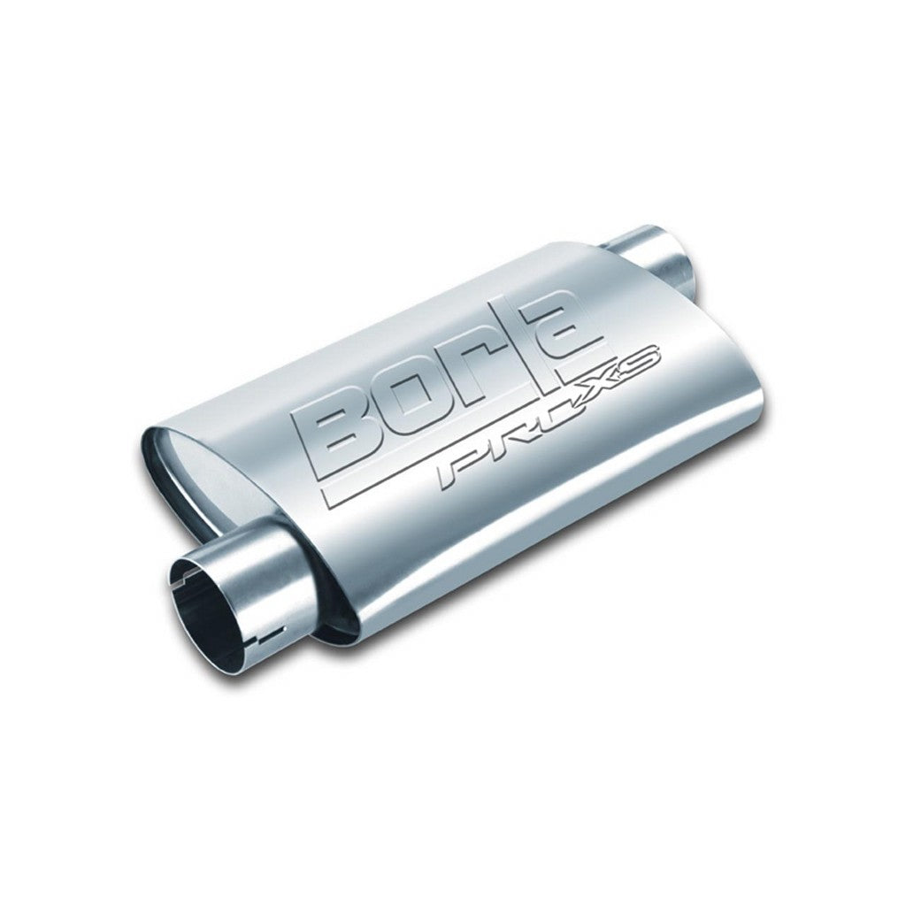 BORLA 400490 UNIVERSAL Performance Muffler, oval, silver ProXS, In / Out 2.5", Offset, dim. 14"x4"x9.5", Mounting clamp Photo-0
