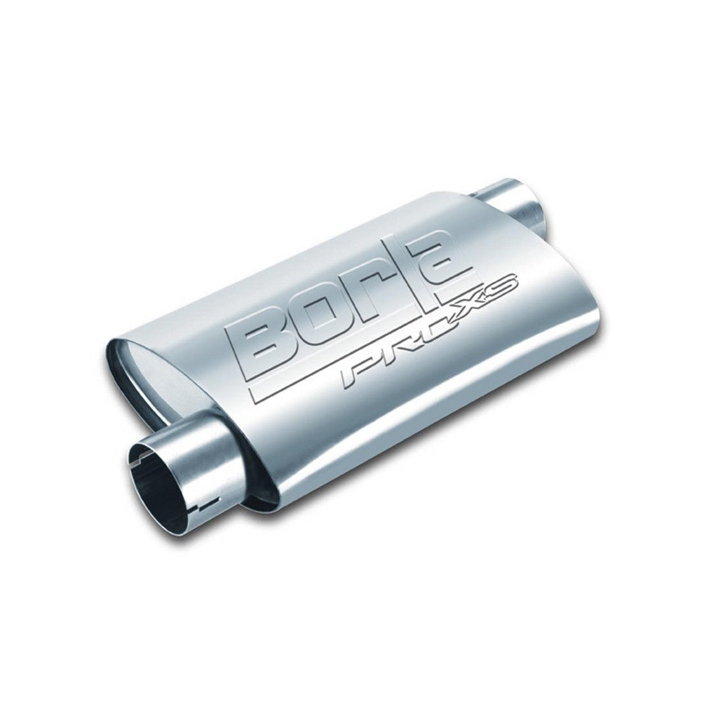 BORLA 400491 UNIVERSAL Performance Muffler, oval, silver ProXS, In / Out 3", Offset, dim. 14"x4"x9.5", Mounting clamp Photo-0
