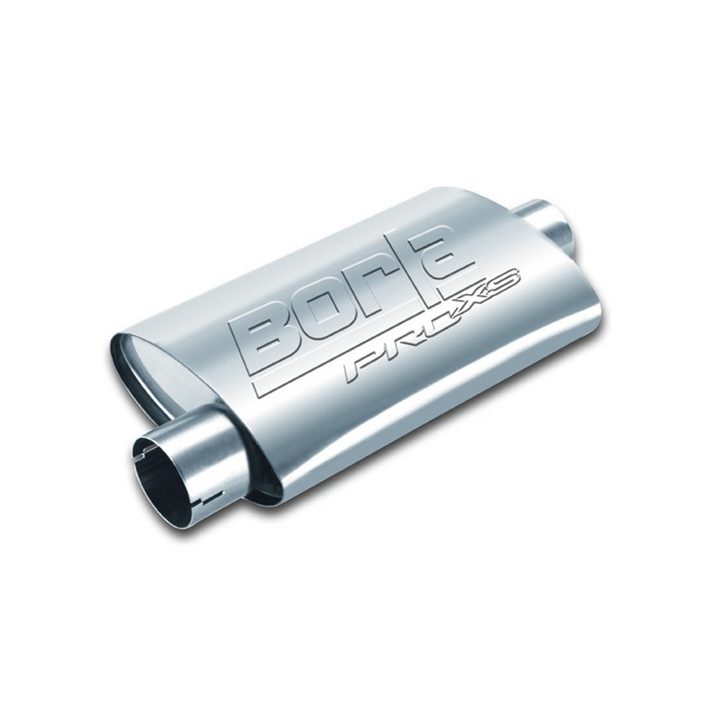 BORLA 400482 UNIVERSAL Performance Muffler, oval, silver ProXS, In / Out 2.5", Central / Offset, dim. 14"x4.25"x7.88", Mounting clamp Photo-0