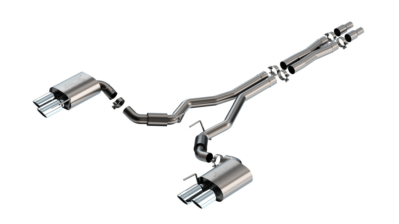 BORLA 140970 Exhaust system Cat-Back ATAK 3" D RD RL AC SR Tip: 4" RD X 9.50" & 4" RD X 9.00" Quad tip (Non-active exhaust) for FORD Mustang GT 5.0L V8 2024 Photo-0